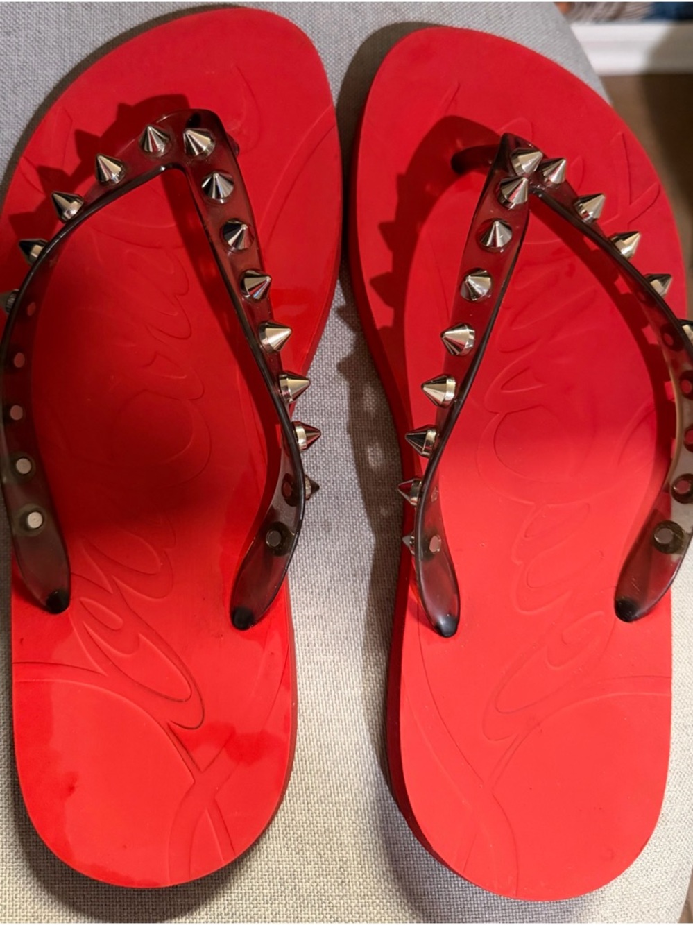 Christian Louboutin Red Jelly Flip Flops with Silver Spike Studs